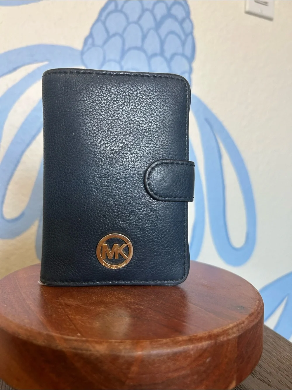 Michael Kors Navy Leather Snap Card Wallet with Gold MK Logo
